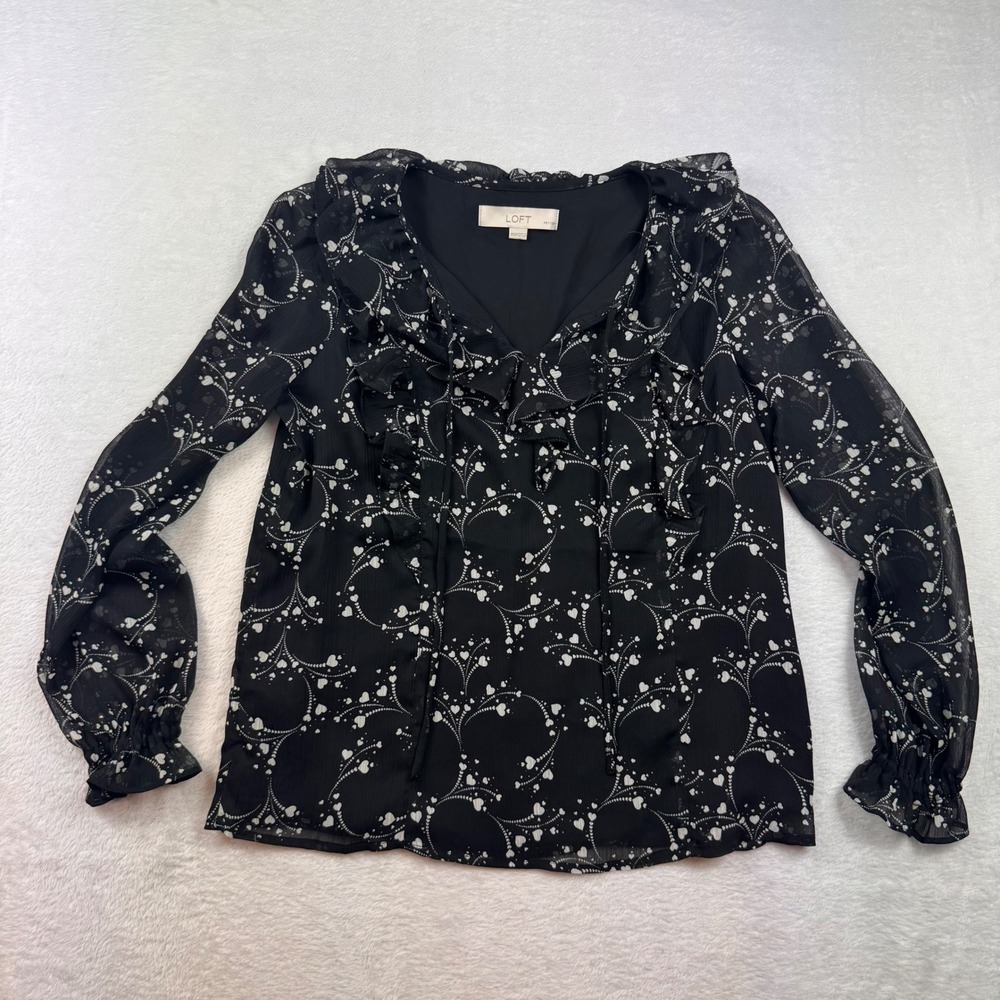 Loft Petites Blouse Black White Heart Print Ruffle V-Neck Long Sleeve XXSP